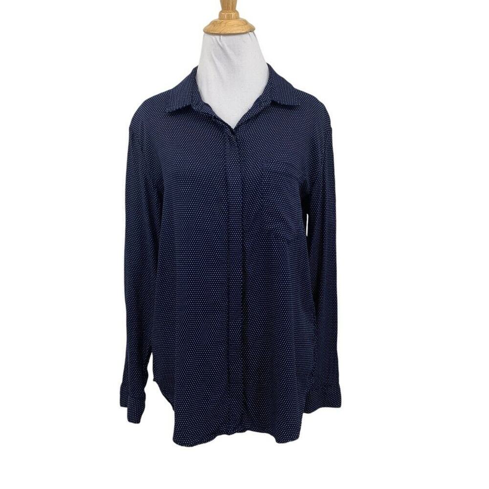 Treasure & Bond Blouse Womens S Small Navy Boyfriend Double Lined Polka Dot